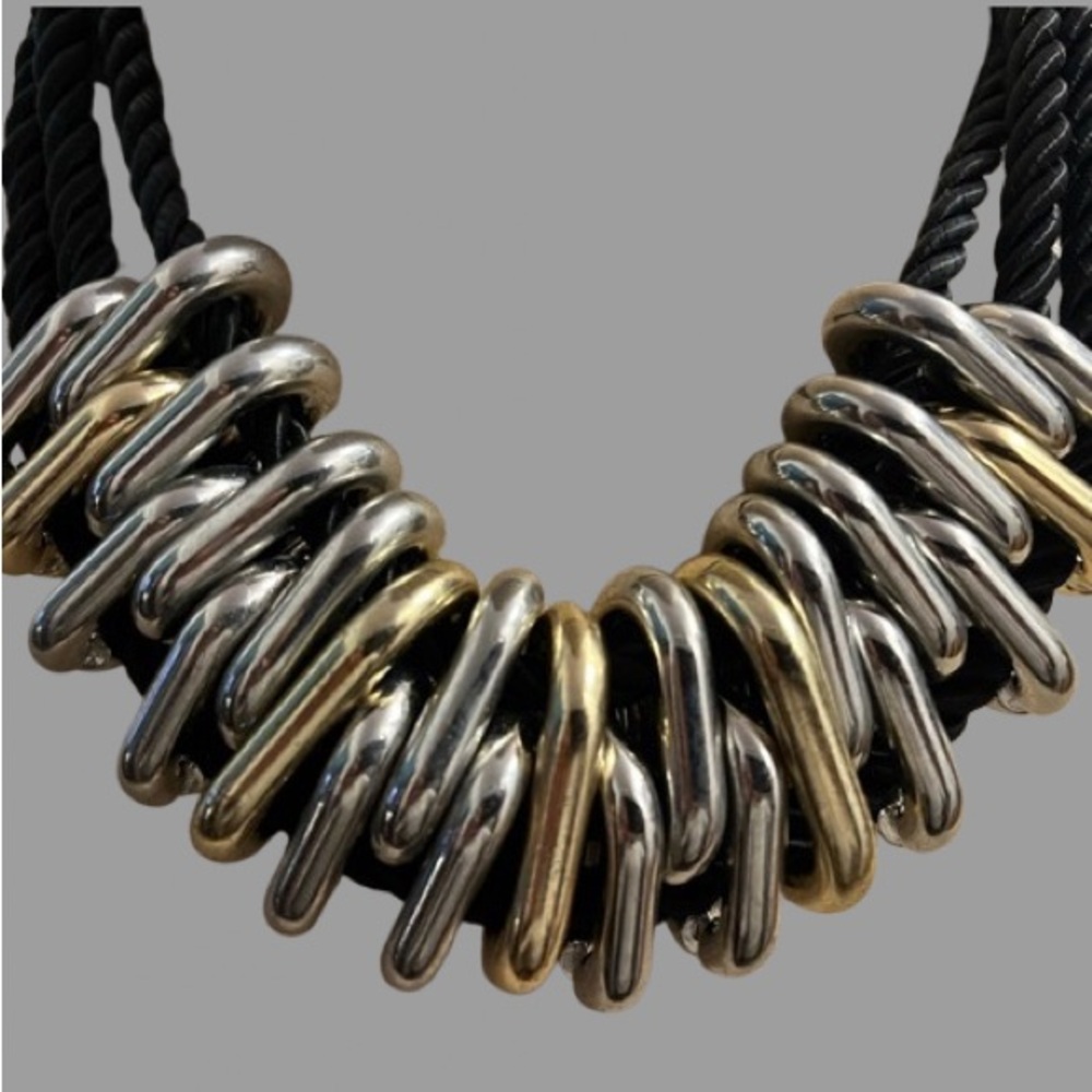 Statement Chunky 3 Rope Strand Choker Necklace Silver and Gold Metal Rings
